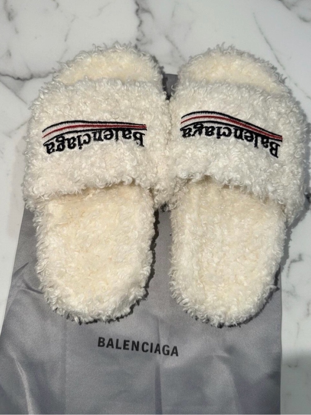 Balenciaga white fluffy slippers